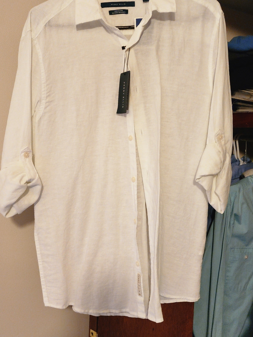 Perry Ellis Men’s White Linen Button-Up Shirt